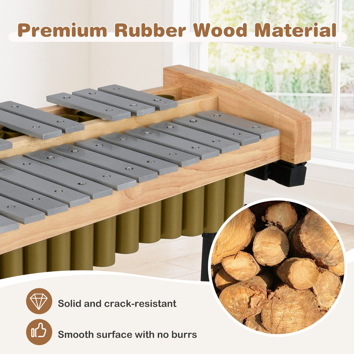 32 Note Marimba Aluminum Xylophone with Rubber Wood Base-Golden