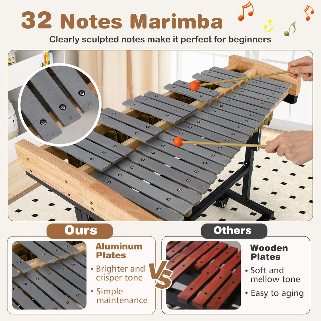 32 Note Marimba Aluminum Xylophone with Rubber Wood Base-Golden