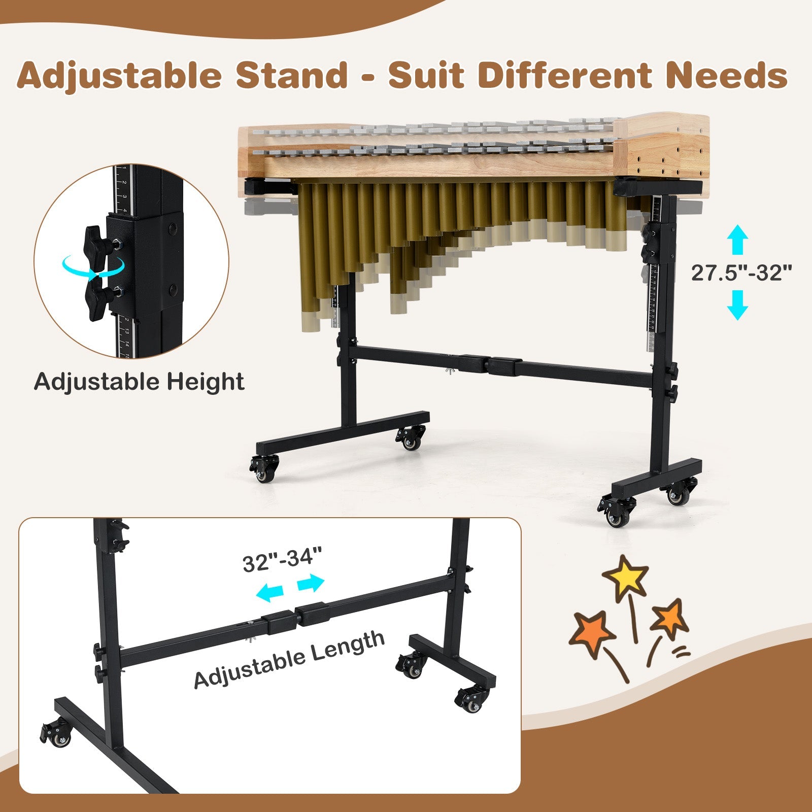 32 Note Marimba Aluminum Xylophone with Rubber Wood Base-Golden