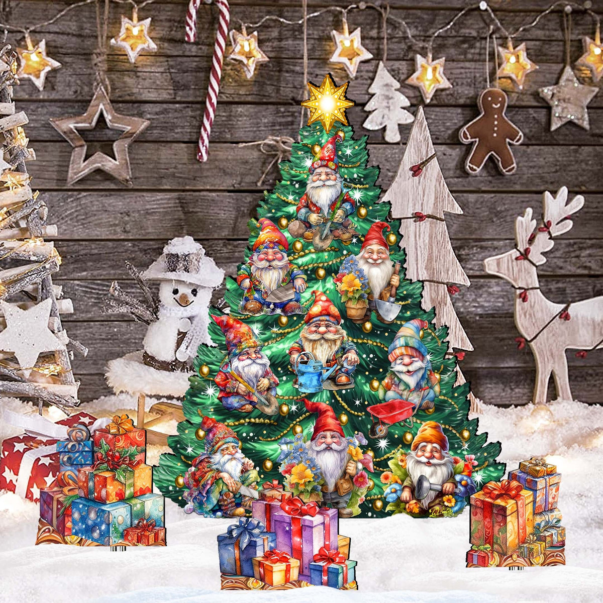 Gnomes-Themed Christmas Tree Set Outdoor Indoor Decor Wooden Christmas Decoration by G. Debrekht Christmas Decor - 8191512F-G