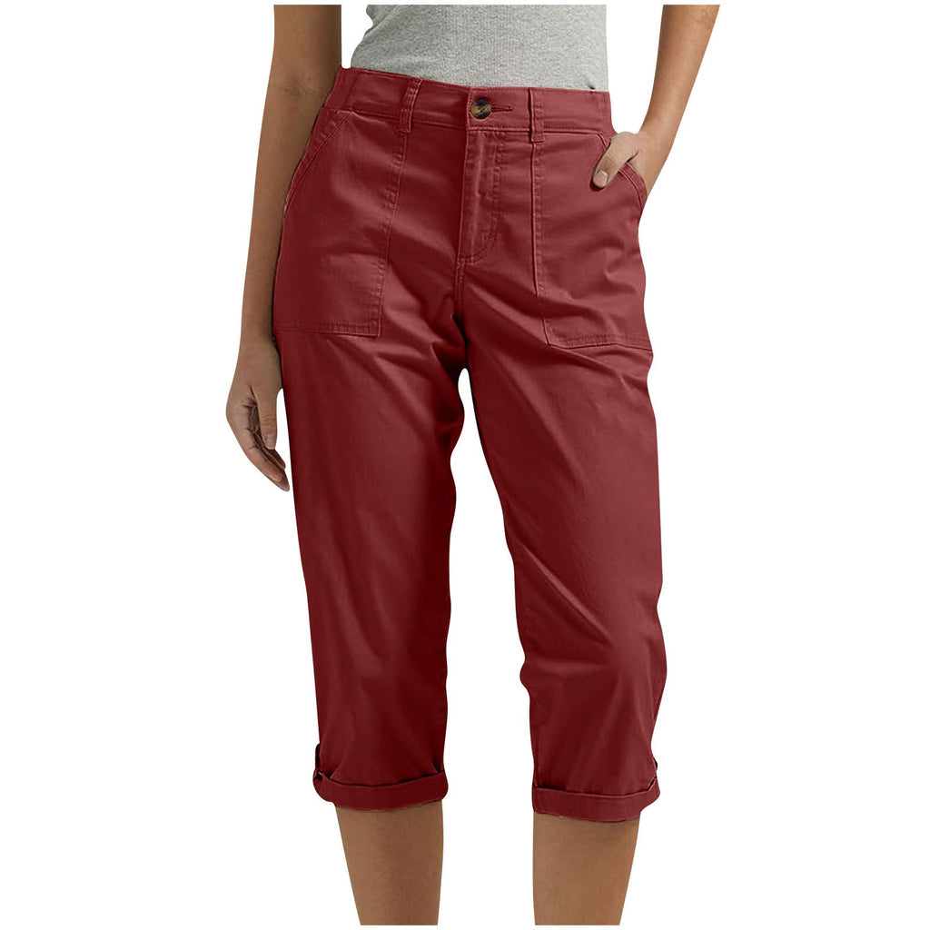 Cross-border Women's Solid Color Workwear Pants Waist Button Pants Ear Design Pants Leg Curled Women's Cropped Pants