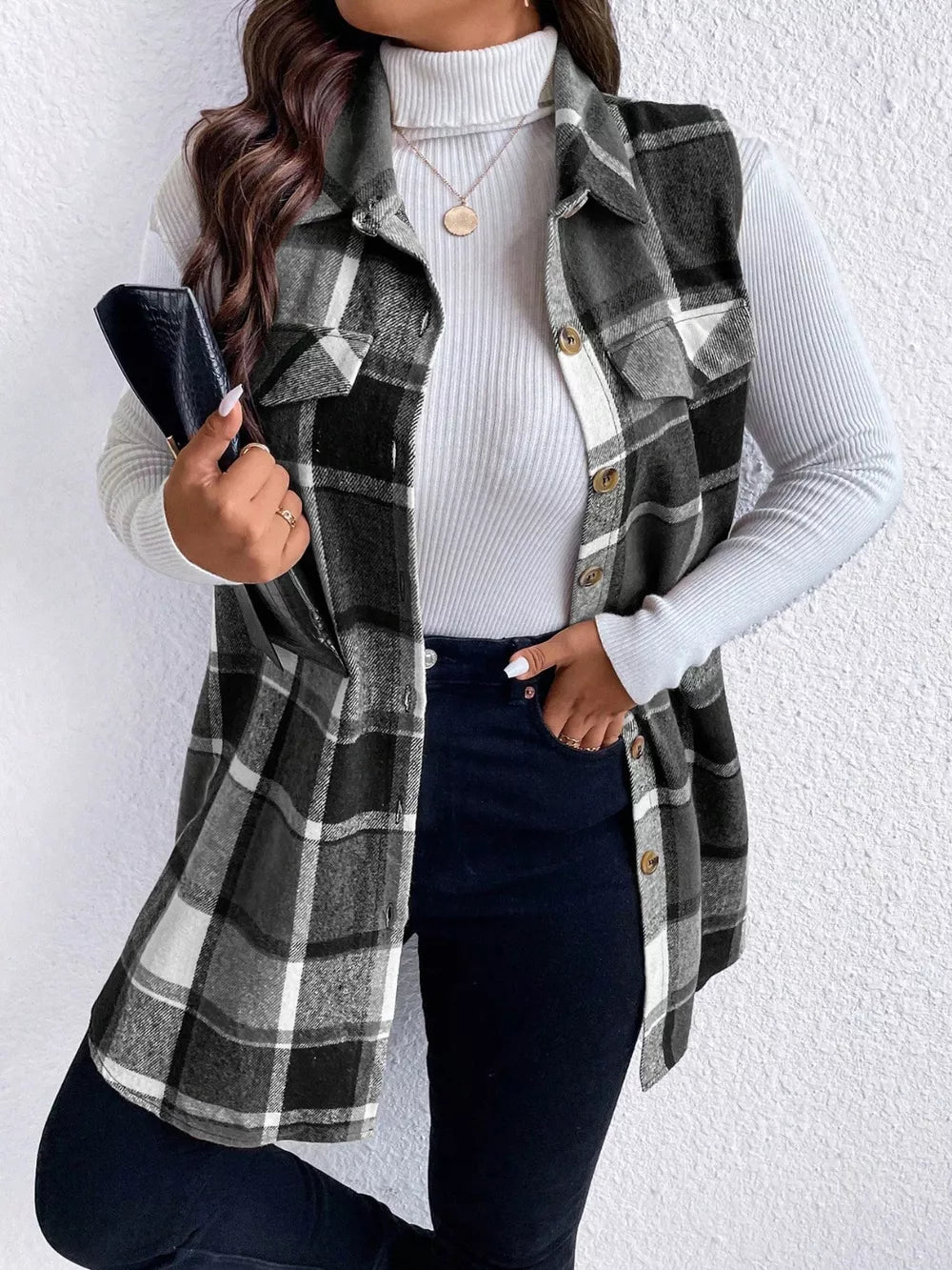 Pocketed Plaid Button Up Vest Coat