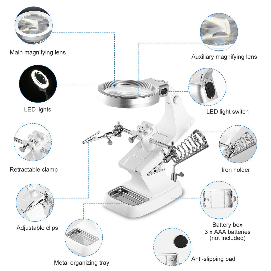 LED Light Helping Hands Magnifying Glass 3X/4.5X w/ 360¡Adjust Third Hand Soldering Vise