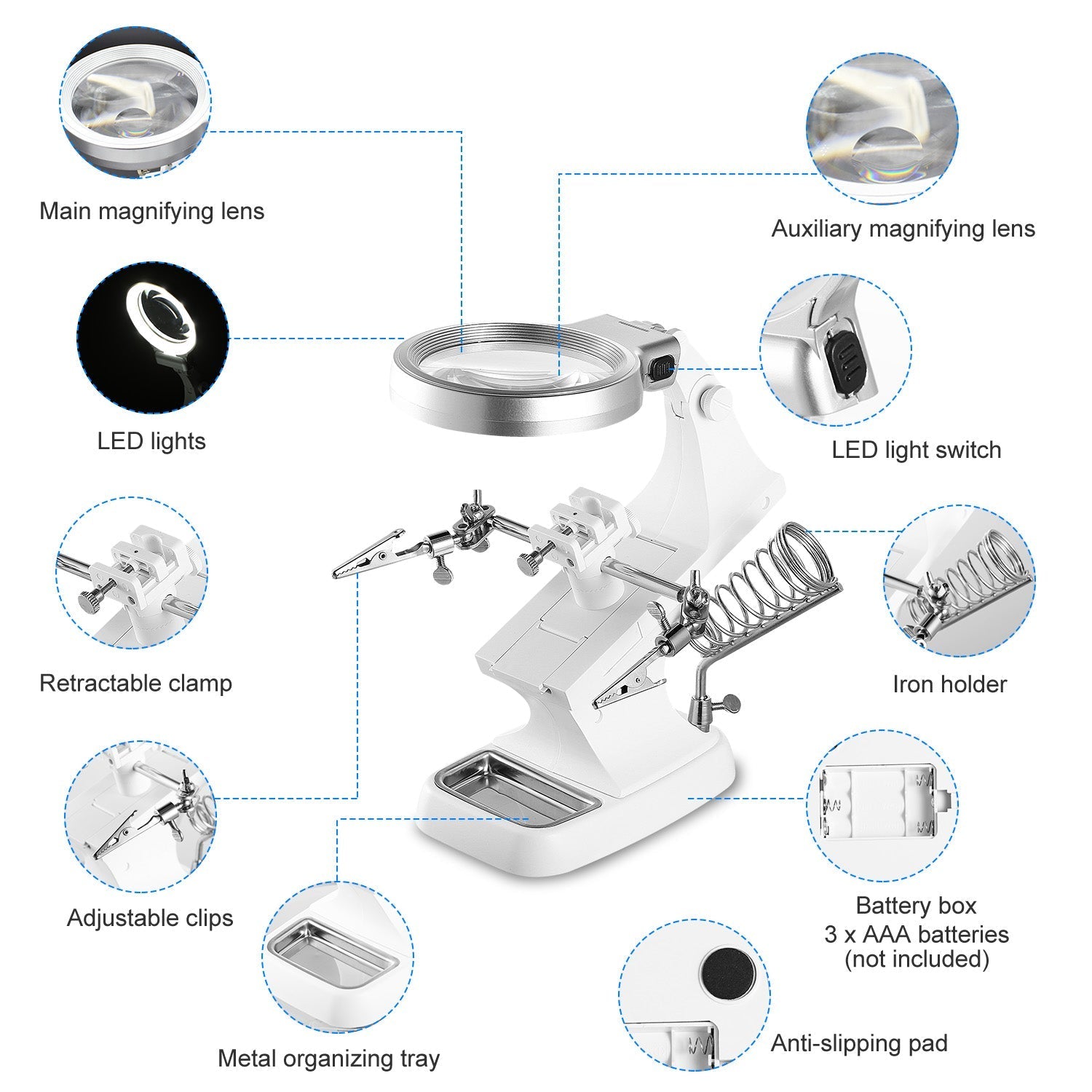 LED Light Helping Hands Magnifying Glass 3X/4.5X w/ 360¡Adjust Third Hand Soldering Vise