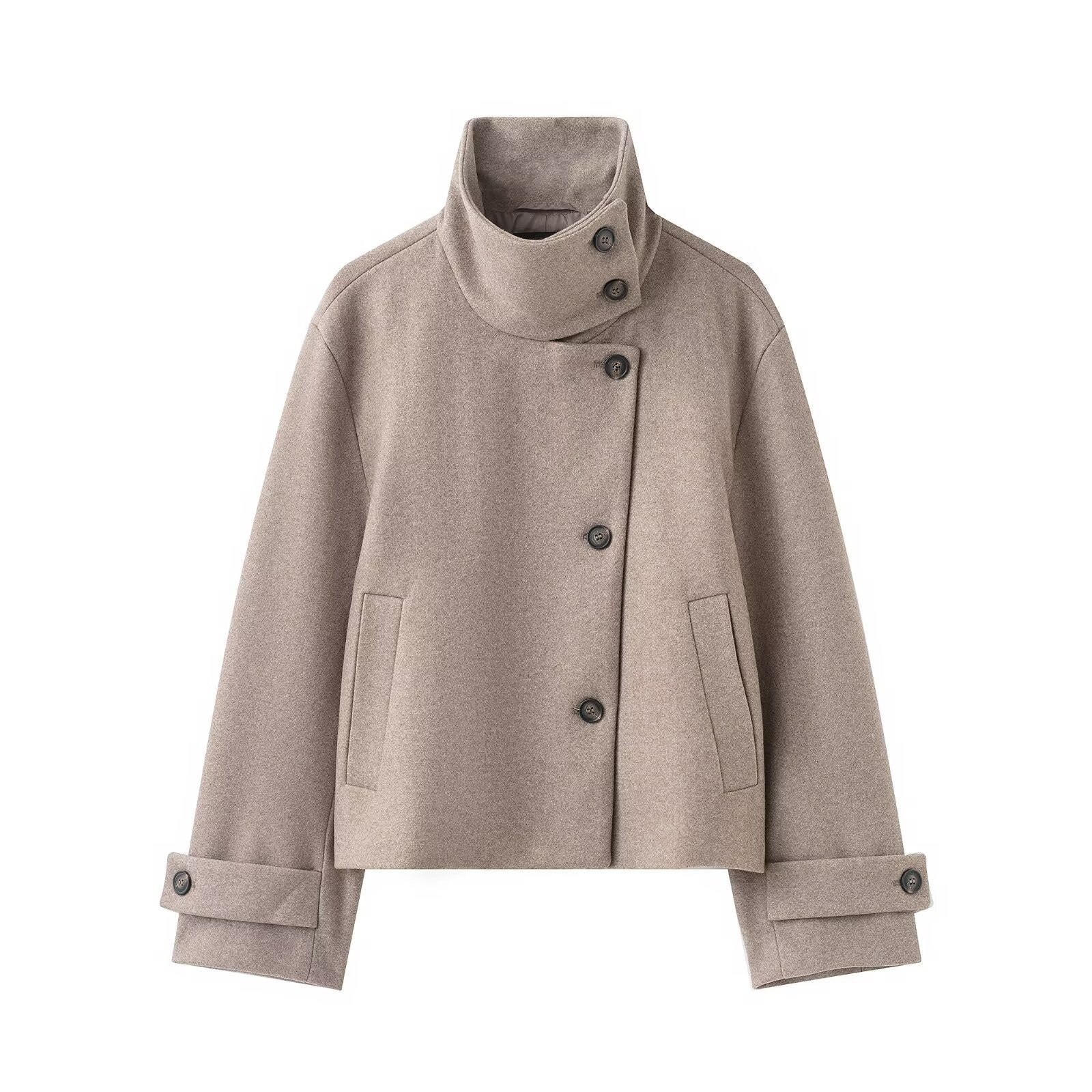 Womens Solid-Color Casual Stand-Collar Jacket With Buttons