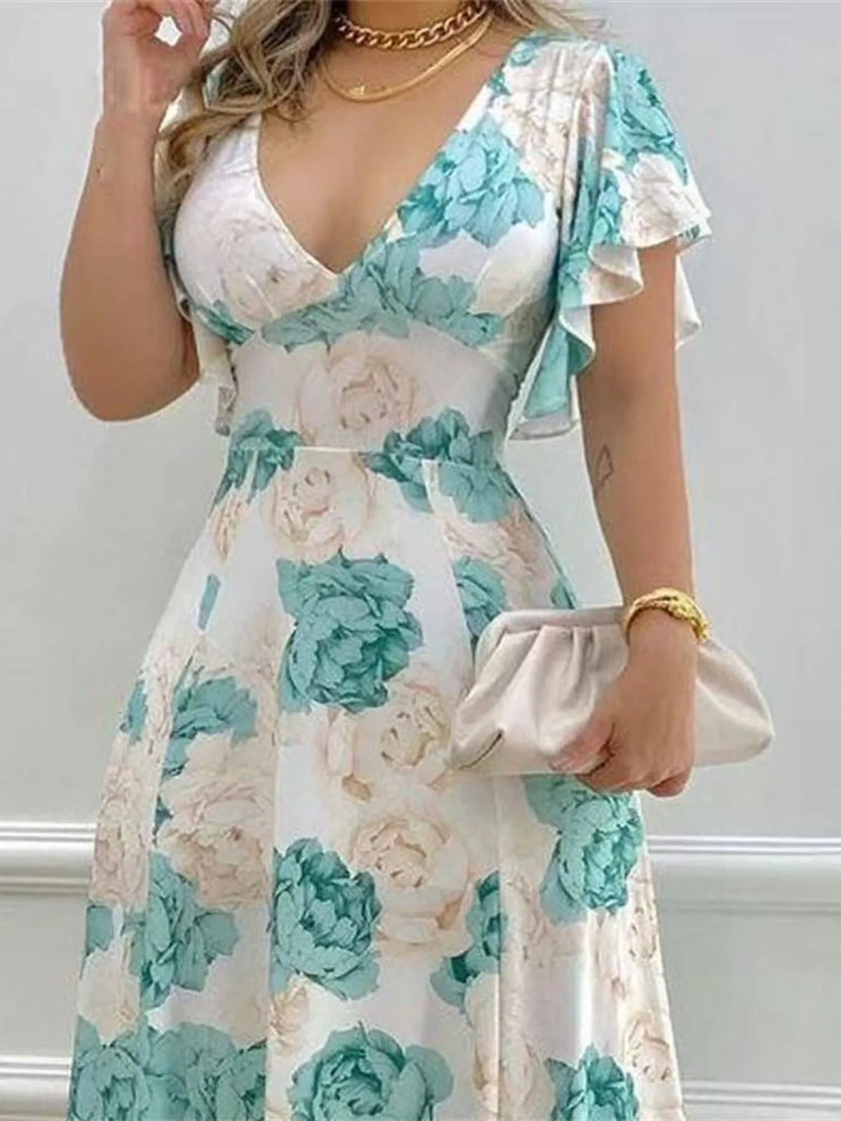 Floral Print V-Neck Maxi Dress with Flutter Sleeves