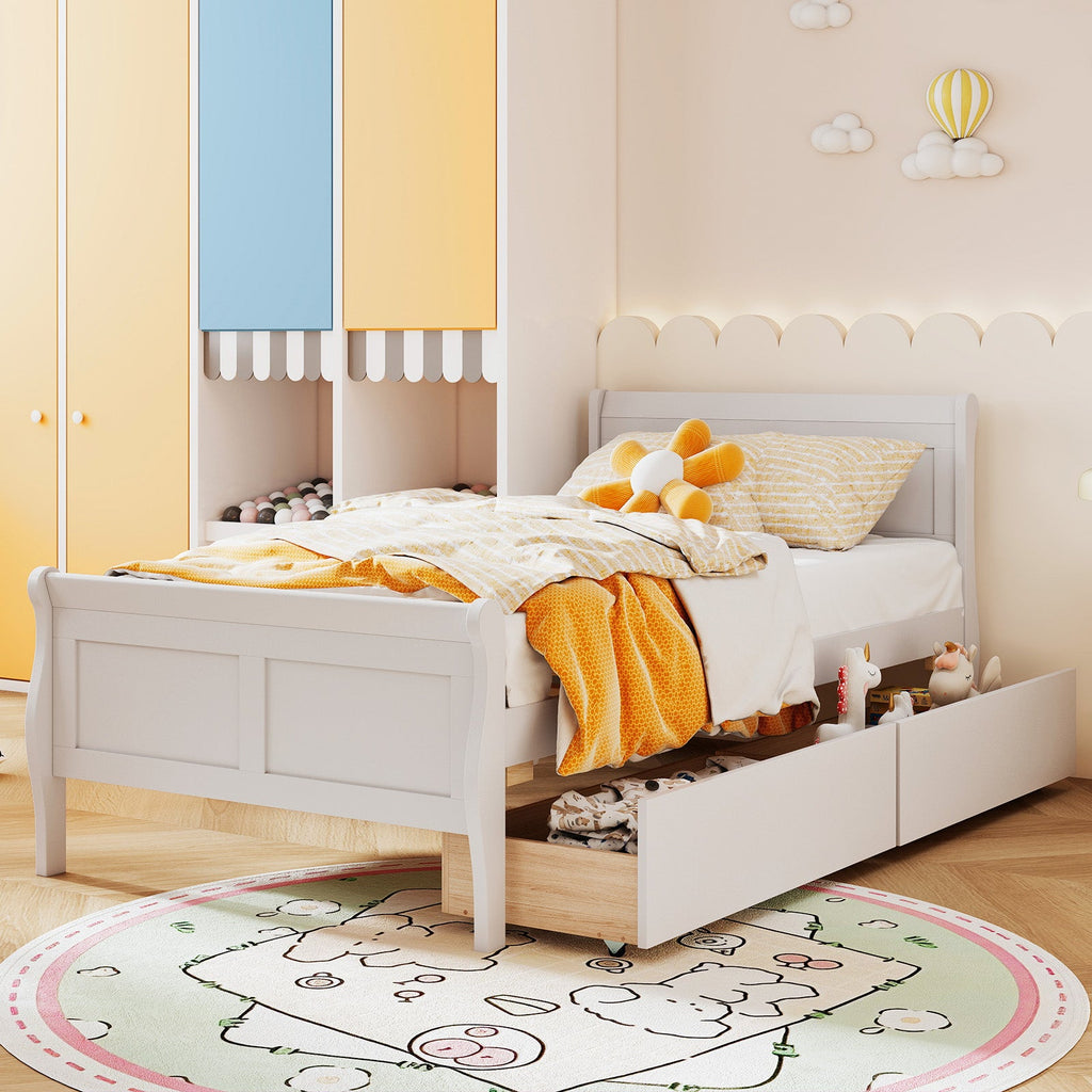 Twin Size Sleigh Bed with 2 Storage Drawers Wood Platform Bed Frame
