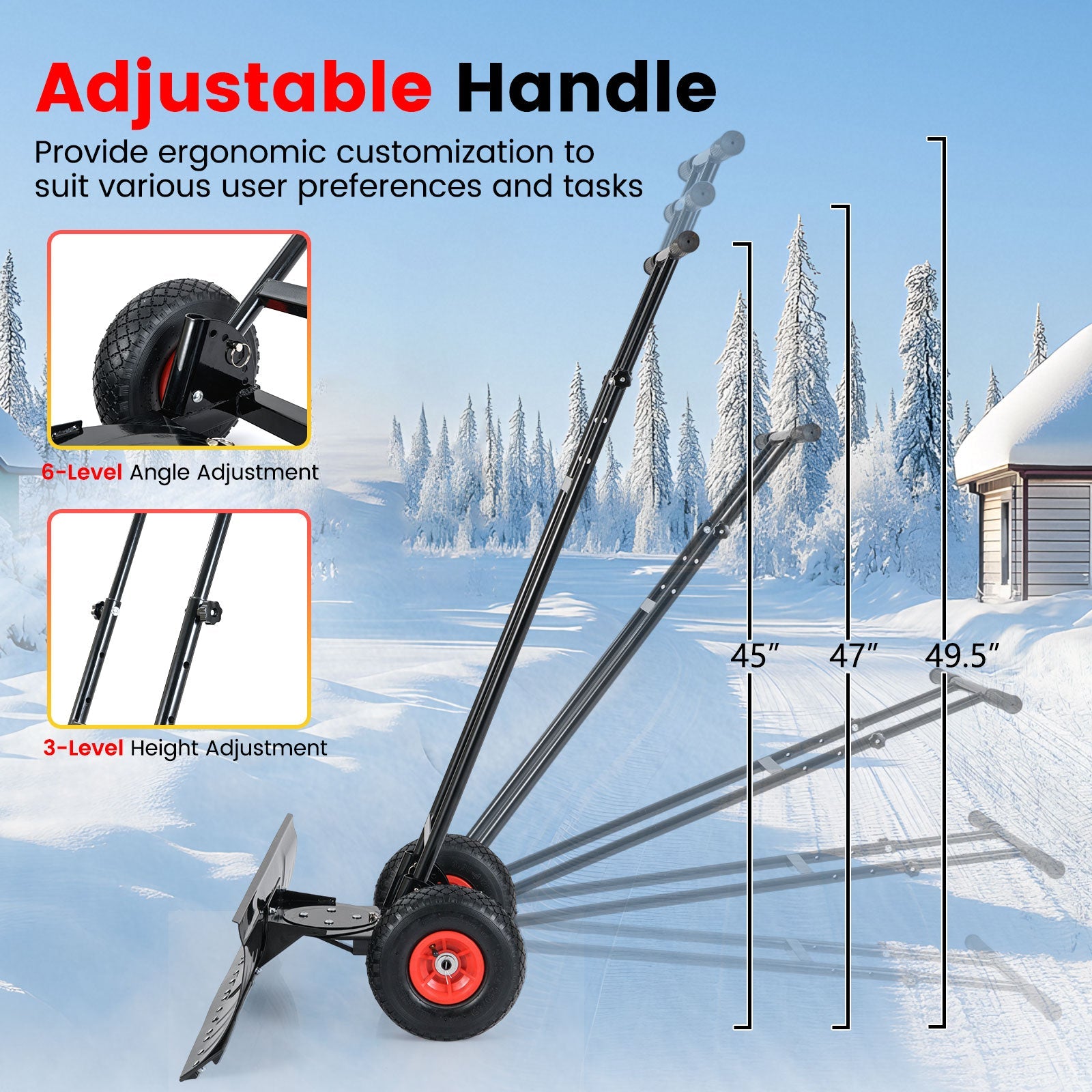 36 Inches Snow Shovel with Wheels and Adjustable Angle-Black