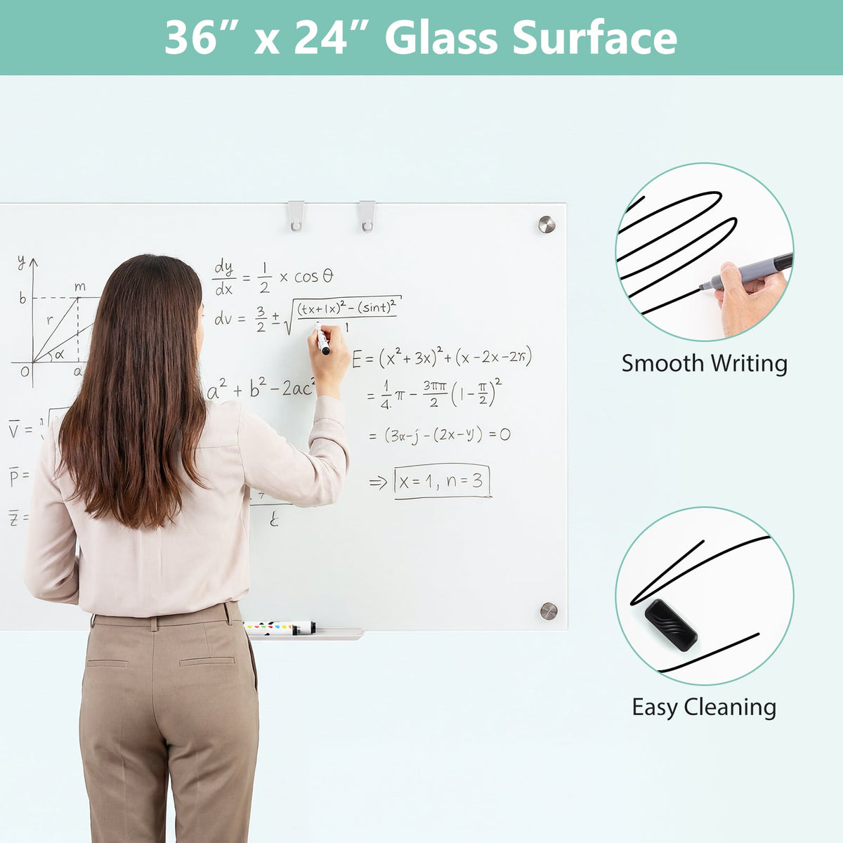 36 x 24 Inches Glass Whiteboard with Eraser and Removable Tray
