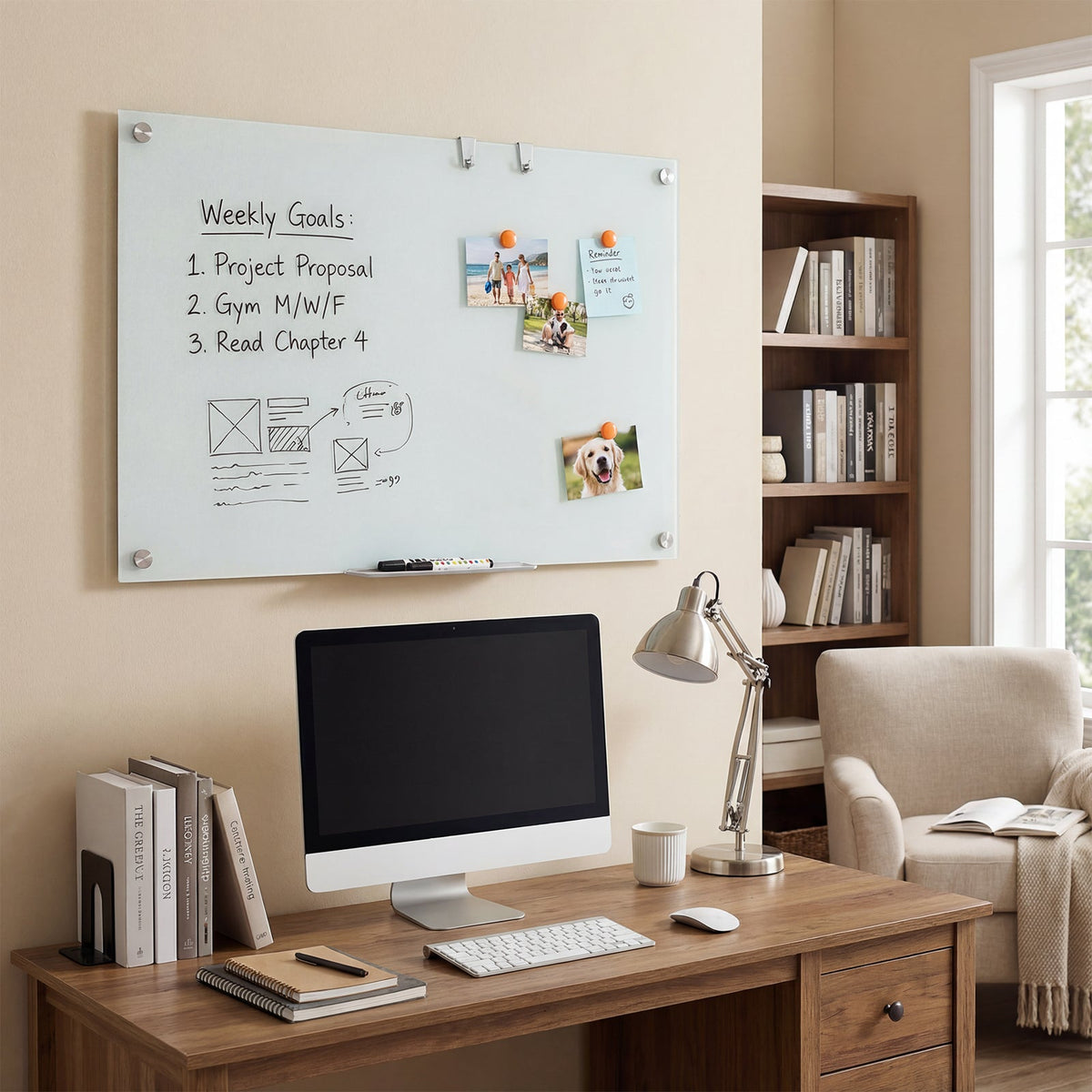 36 x 24 Inches Glass Whiteboard with Eraser and Removable Tray