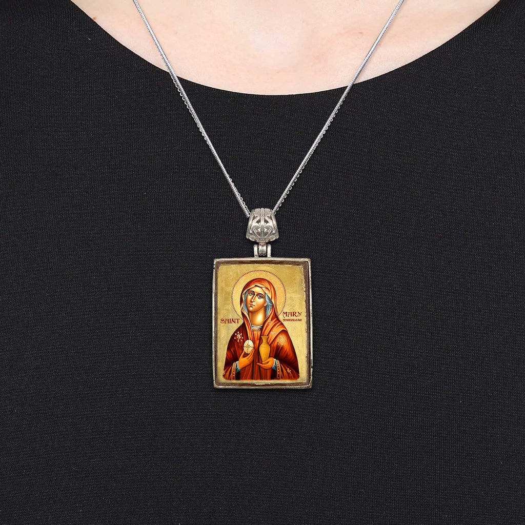 Maria Magdalena Necklace - Silver Plated Religious Jewelry With Gold Plated Pendant - Christian Sacred Icon - Inspirational Icon Decor - 43014-2R