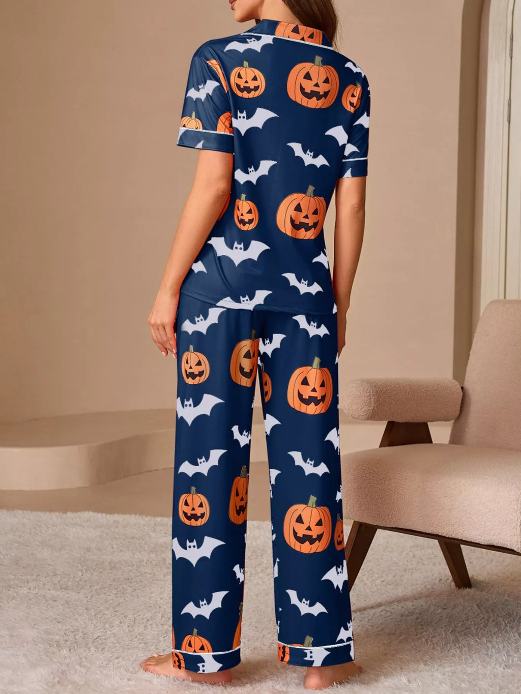 Halloween Pumpkin and Bat Print Button-Down Top and Pants Lounge Set