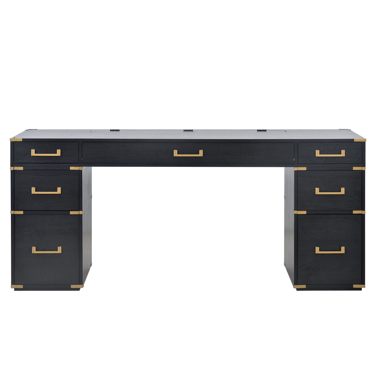 70 inch classic and traditional executive desk with metal trim, writing desk with 2 file drawers, USB ports, and sockets, black