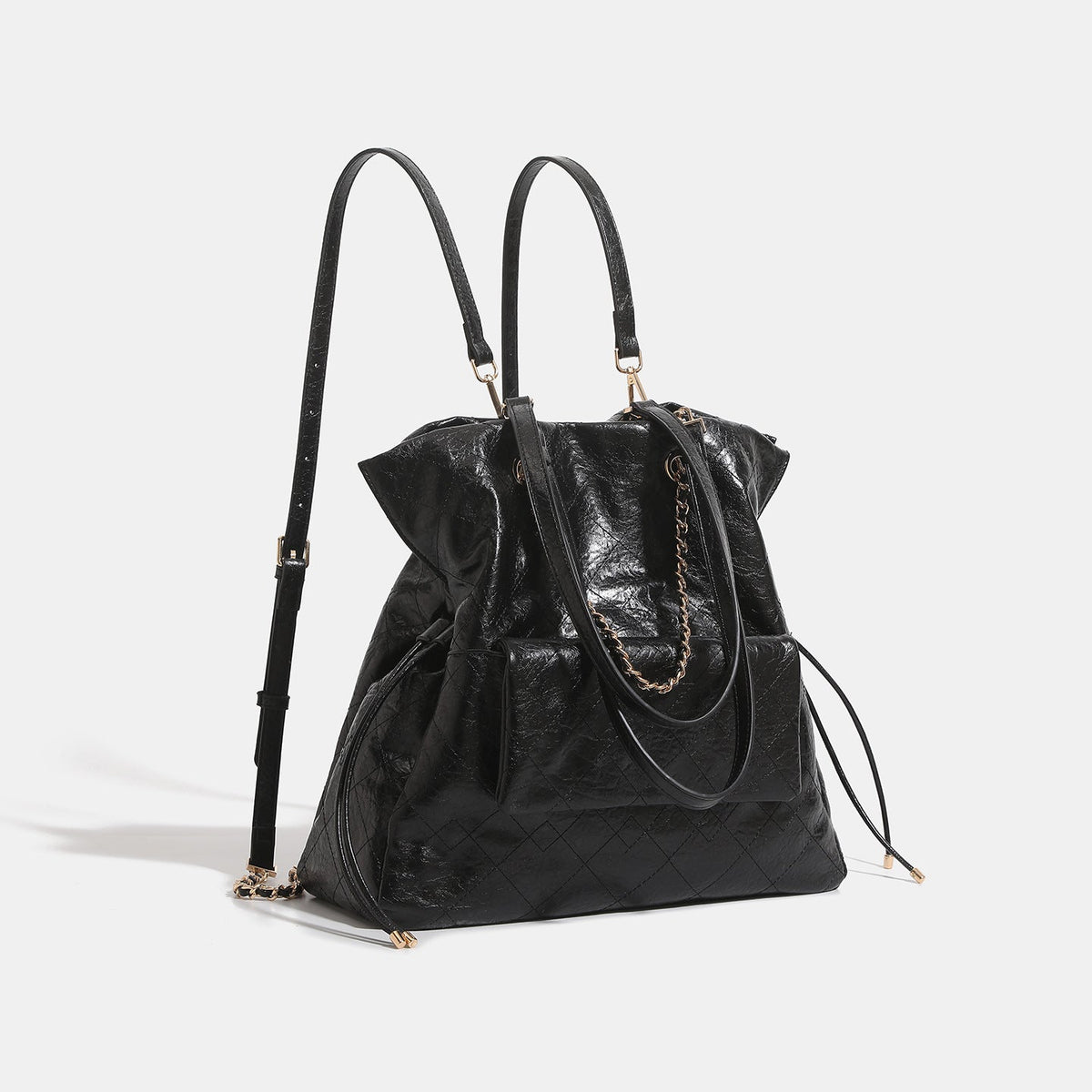 Preppy-style Oil-waxed Leather Quilted Chain Backpack For Women