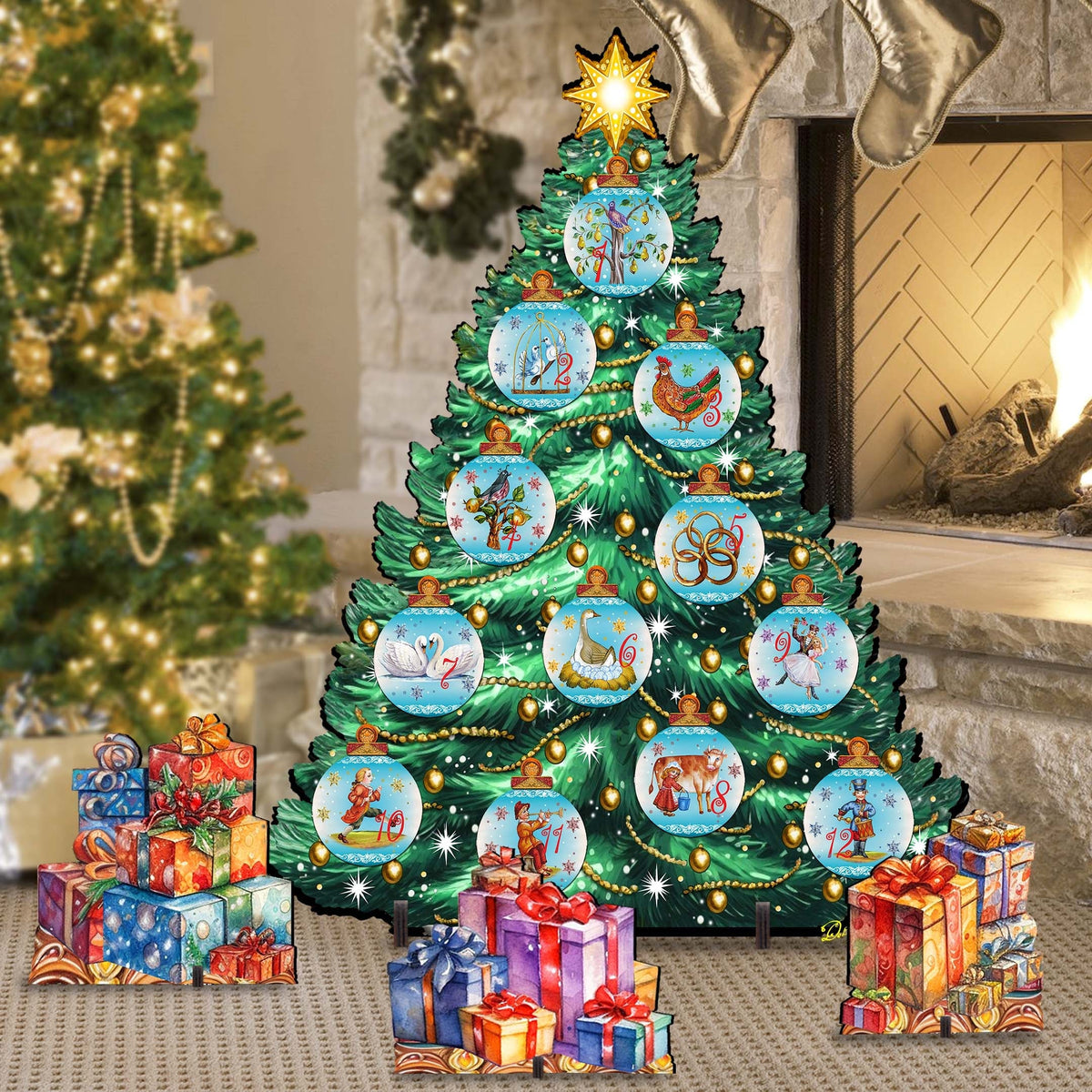 Twelve Days-Themed Christmas Tree Outdoor Indoor Decor Wooden Christmas Decoration by G. Debrekht Christmas Decor - 8191502F-G-S12