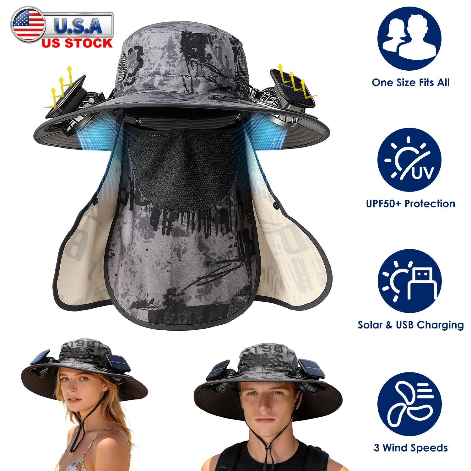 Solar Fan Hat with UPF50+ Sun Protection & Neck Flap