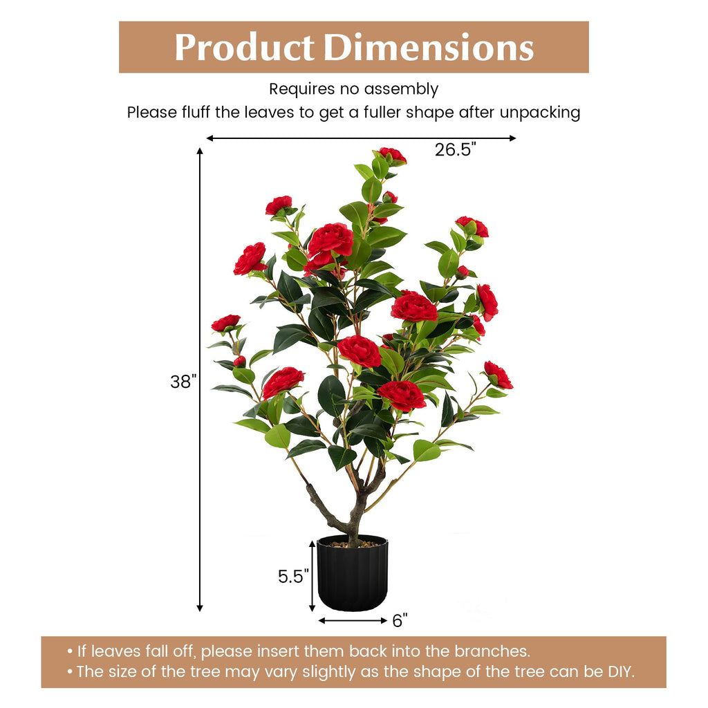 38 Inch Artificial Camellia Tree Faux Flower Plant in Cement Pot