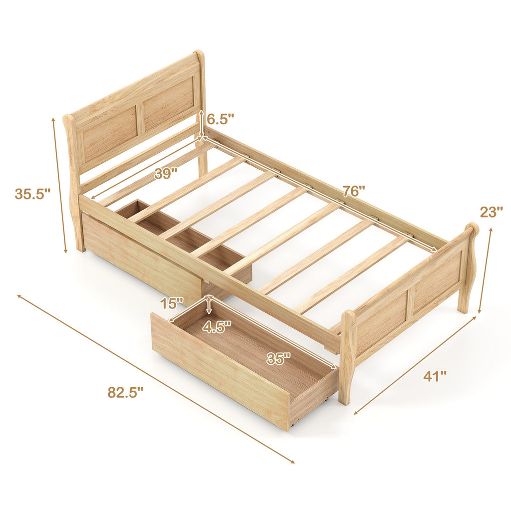 Twin Size Sleigh Bed with 2 Storage Drawers Wood Platform Bed Frame