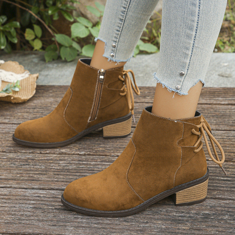 Plus Size Back Bandage Retro Chunky Heel Side Zipper Martin Boots