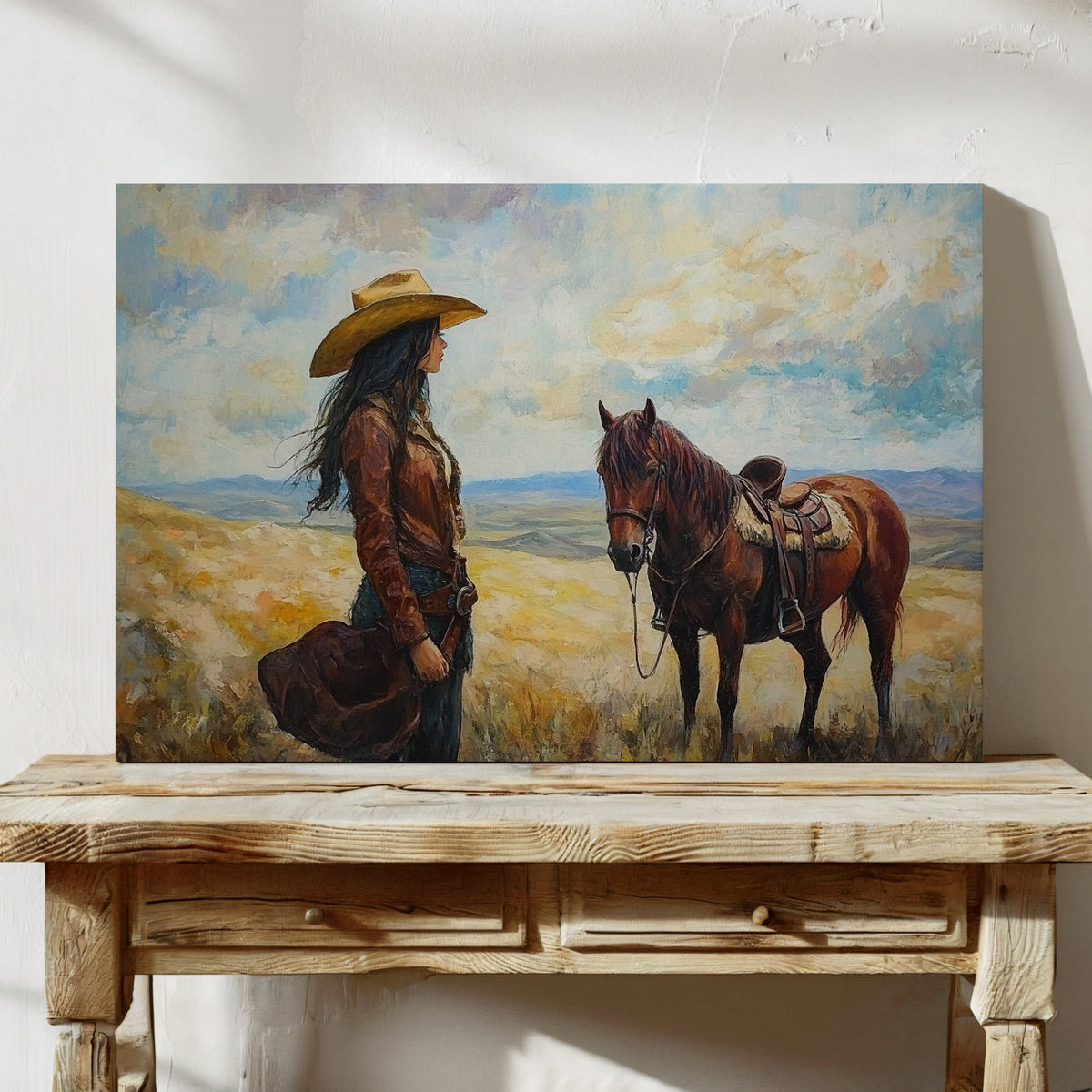 Cowgirl and Her Mustang on the Open Range