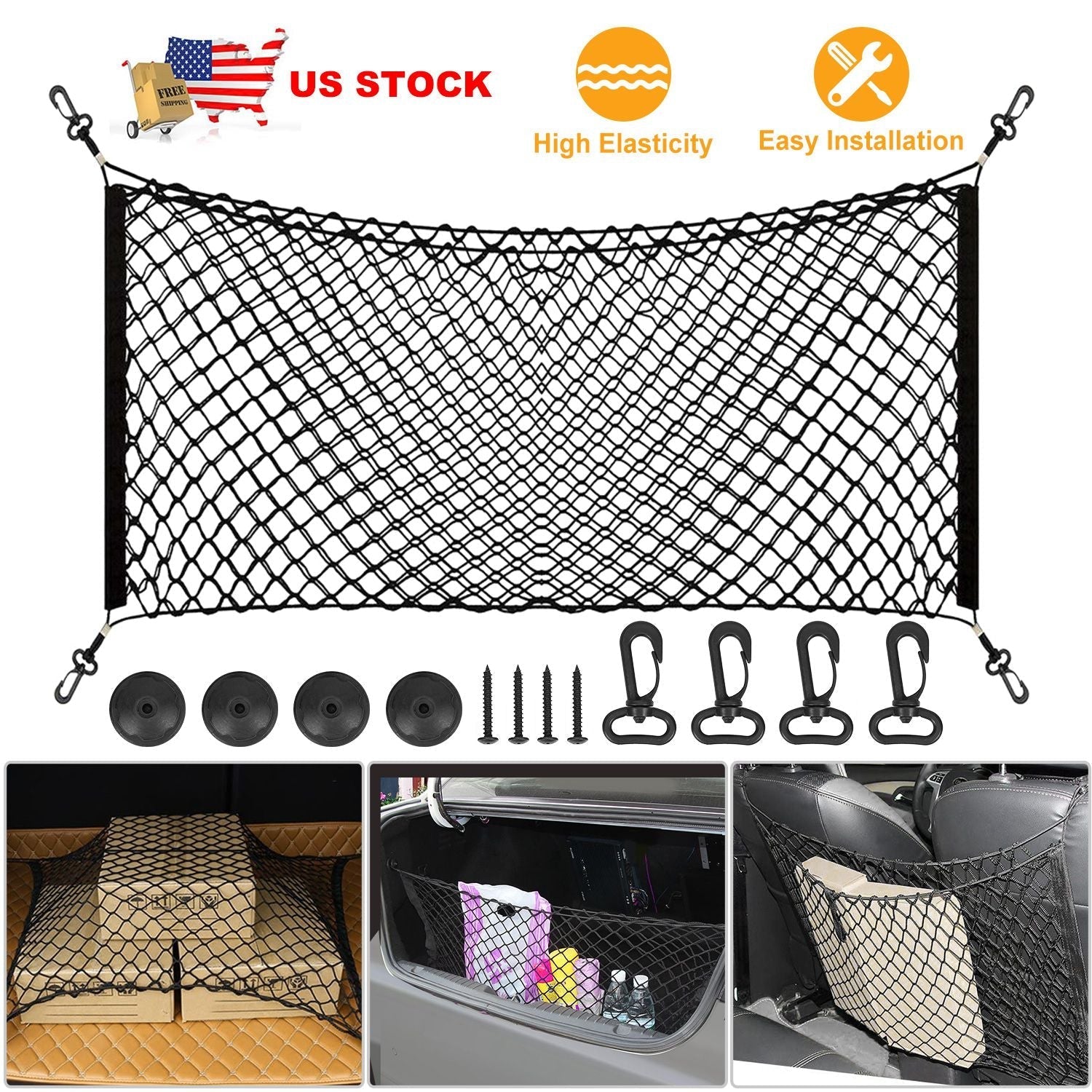 Trunk Cargo Net Stretchable Universal Elastic Truck Net Rear Seat Trunk Storage Organizer Net with Fasteners and Hardware Flexible Nylon Car Storage M