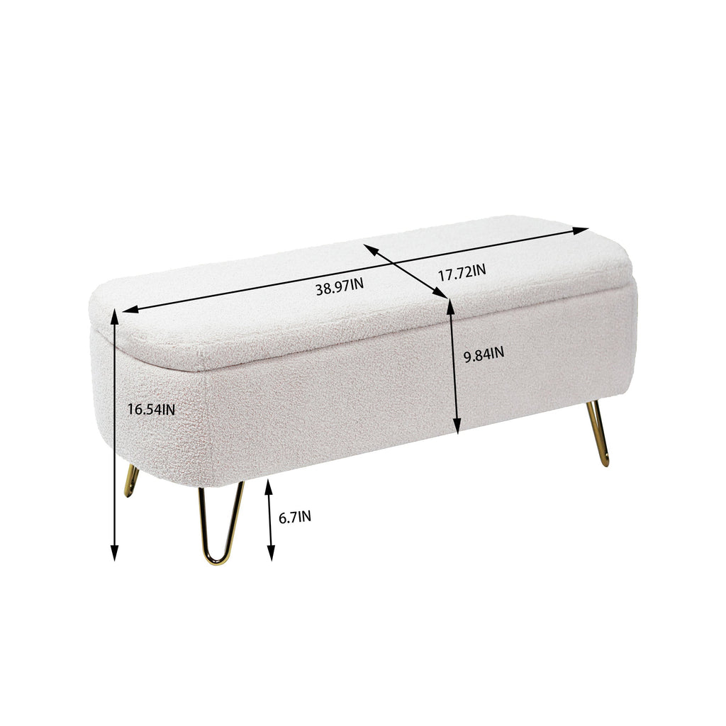 Ivory White Storage Ottoman Bench for End of Bed Gold Legs