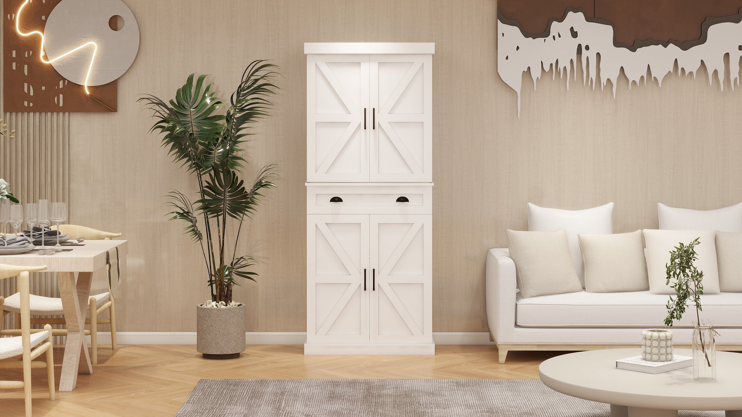 71" Kitchen Pantry Storage Cabinet with 4 Doors(2Doors with Racks)1 Drawer 2 Adjustable Shelves Freestanding Cupboard