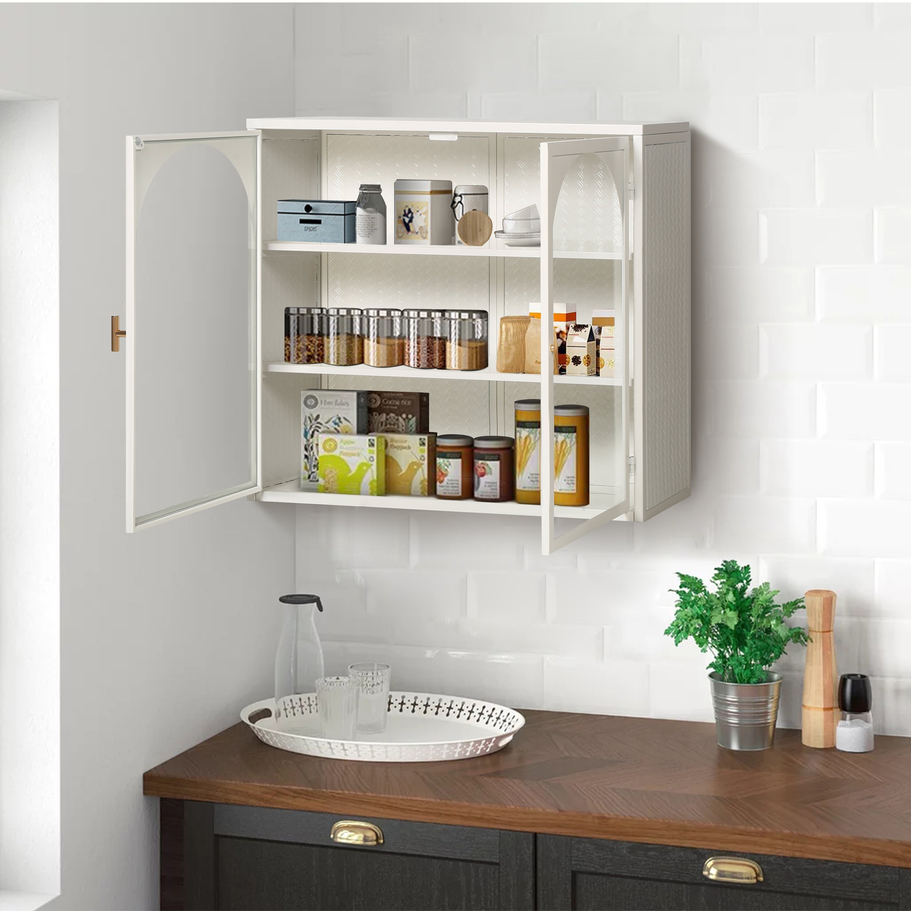 27.56"Glass Doors Modern Two-door Wall Cabinet with Featuring Three-tier Storage White