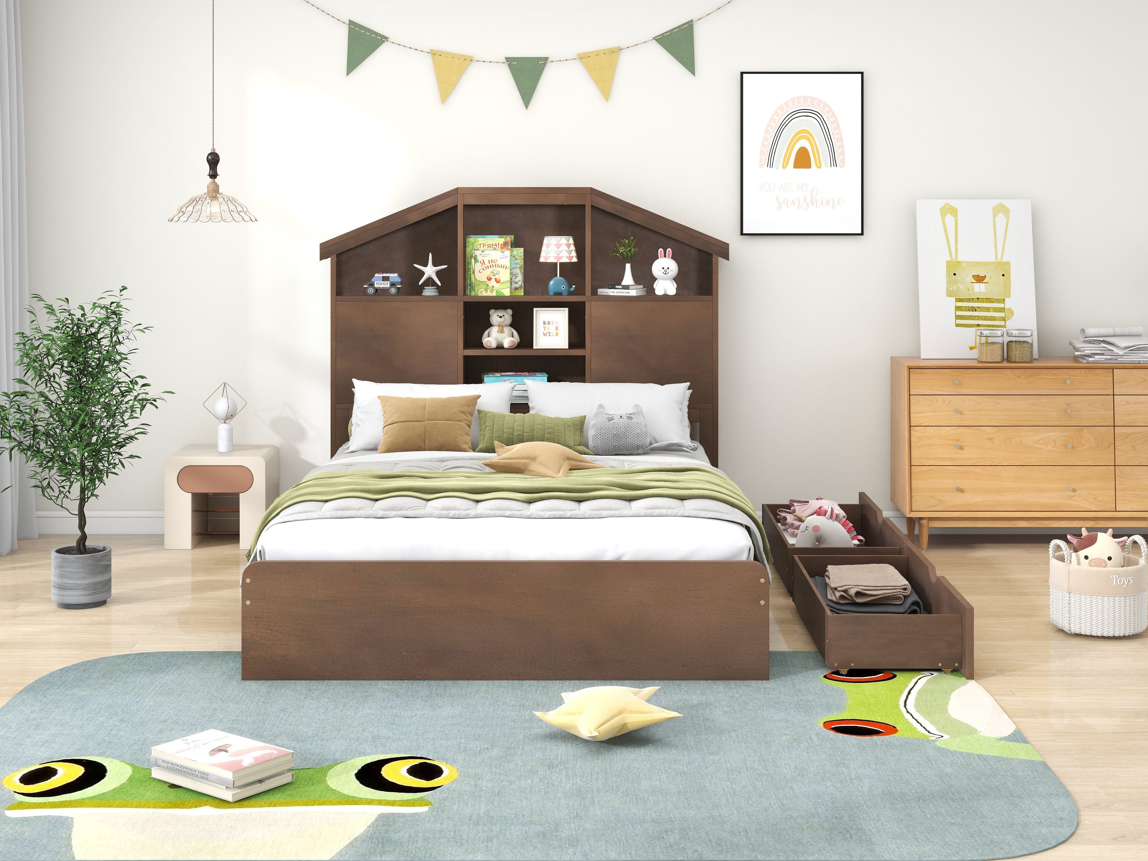 Full Size Wood Platform Bed with House-shaped Storage Headboard and 2 Drawers Walnut
