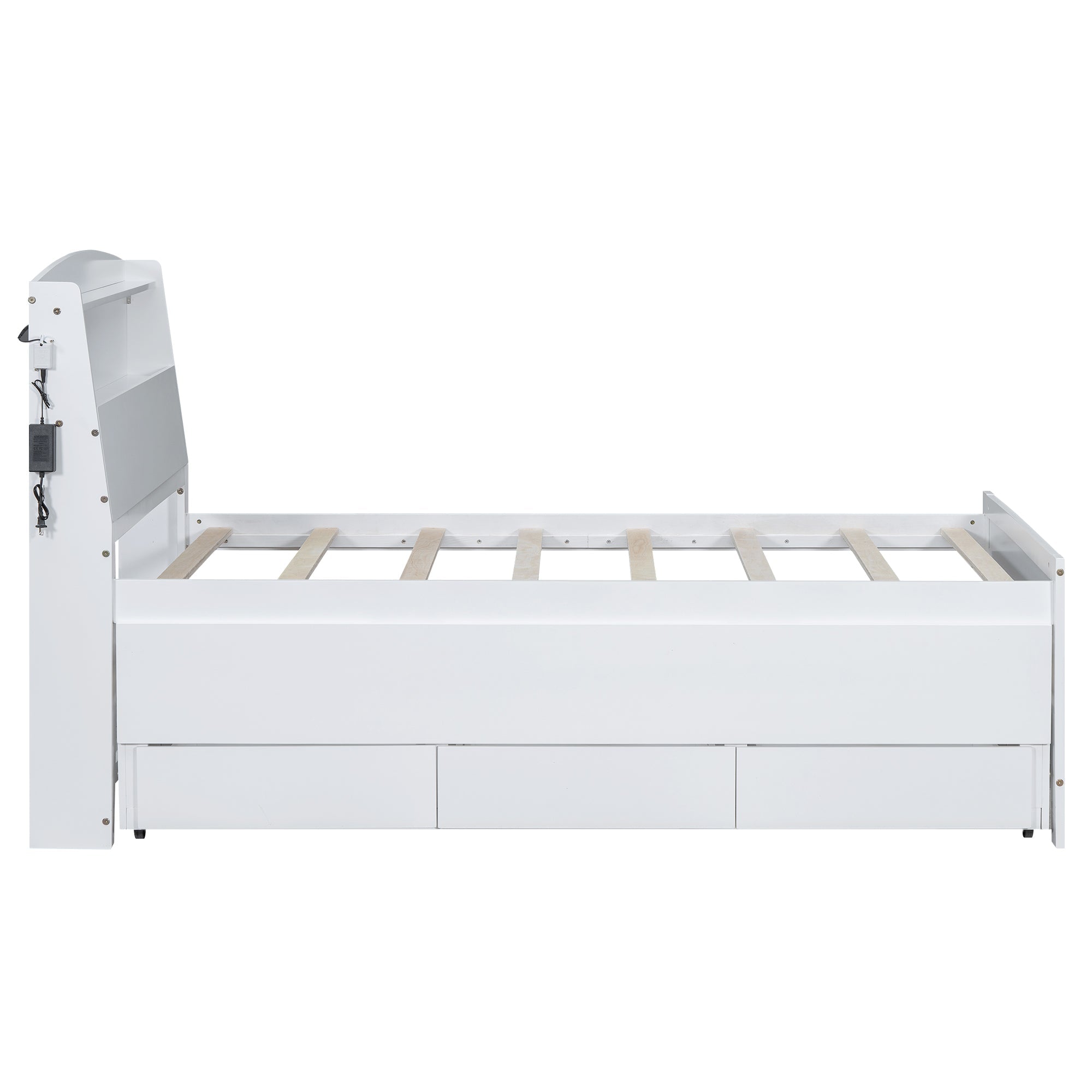 Twin Size Platform Bed with Storage LED Headboard Twin Size Trundle and 3 Drawers White