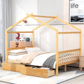 Full Size House Platform Bed with Two Drawers,Headboard and Footboard Roof Design Natural