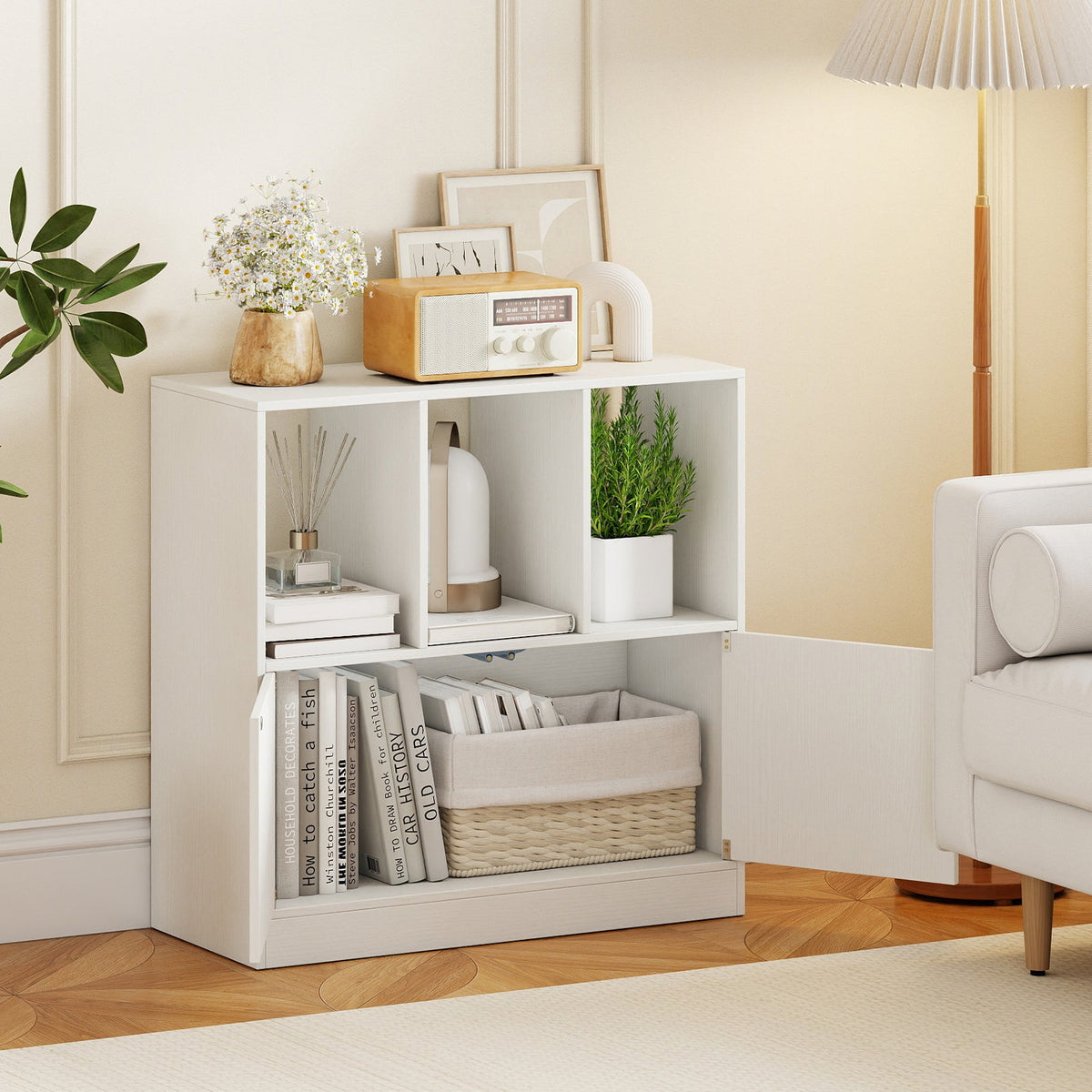 3-Cube Bookcase with Doors 3-Tier Cubic Bookshelf with Open Compartments and Cabinet