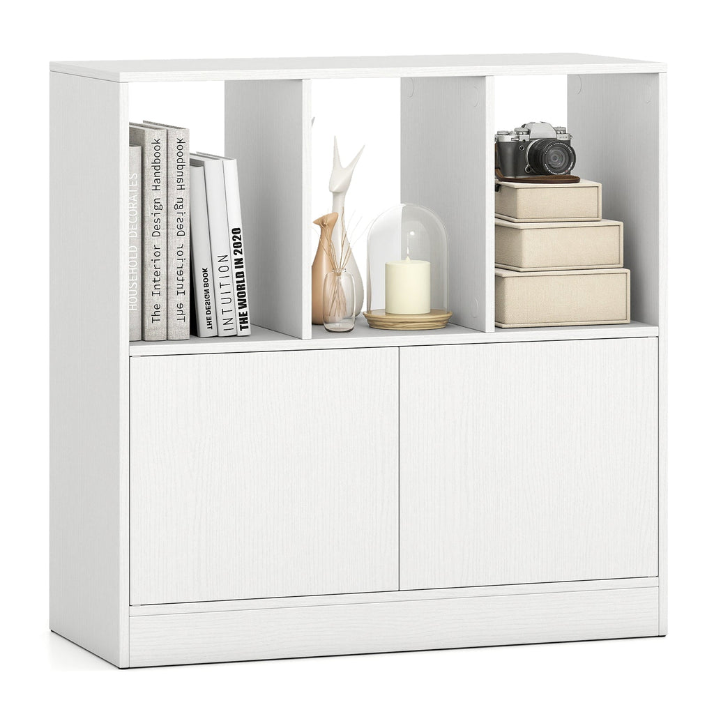3-Cube Bookcase with Doors 3-Tier Cubic Bookshelf with Open Compartments and Cabinet