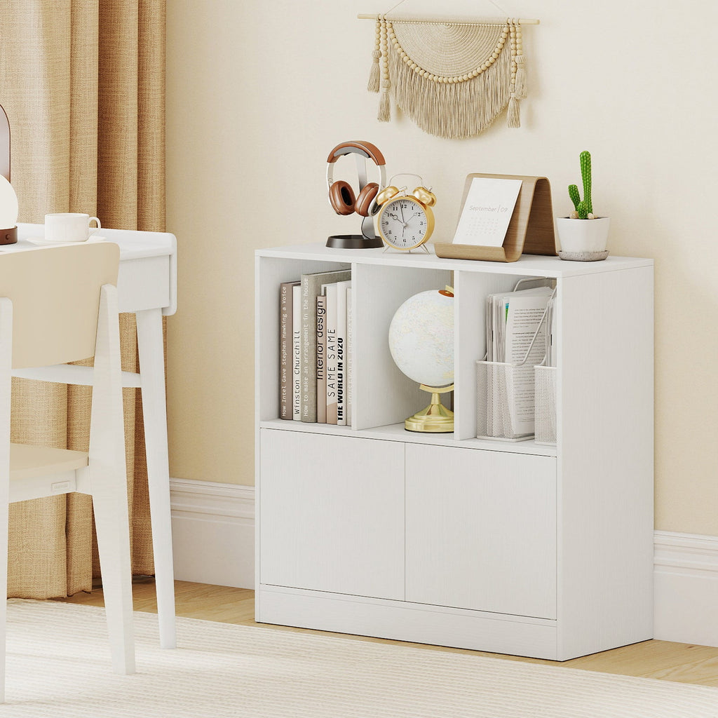 3-Cube Bookcase with Doors 3-Tier Cubic Bookshelf with Open Compartments and Cabinet
