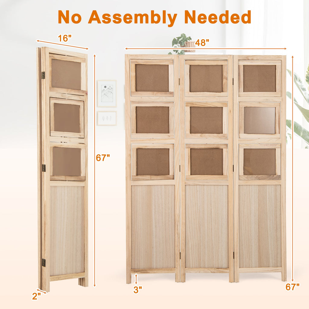 3 Panel Folding Privacy Screen with 9 Swivel Paulownia Wood Photo Frames-Natural