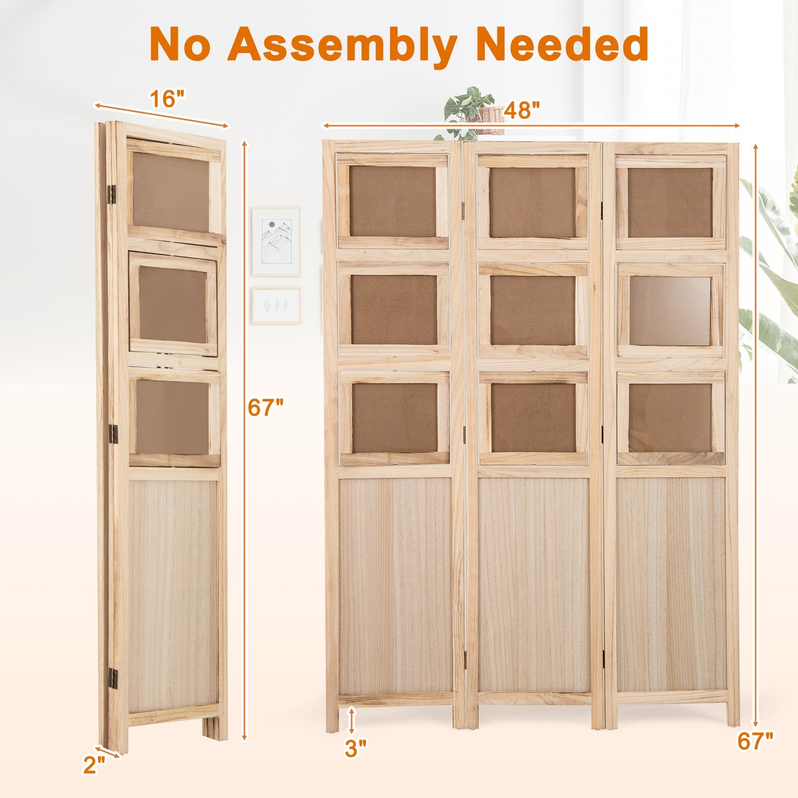 3 Panel Folding Privacy Screen with 9 Swivel Paulownia Wood Photo Frames-Natural