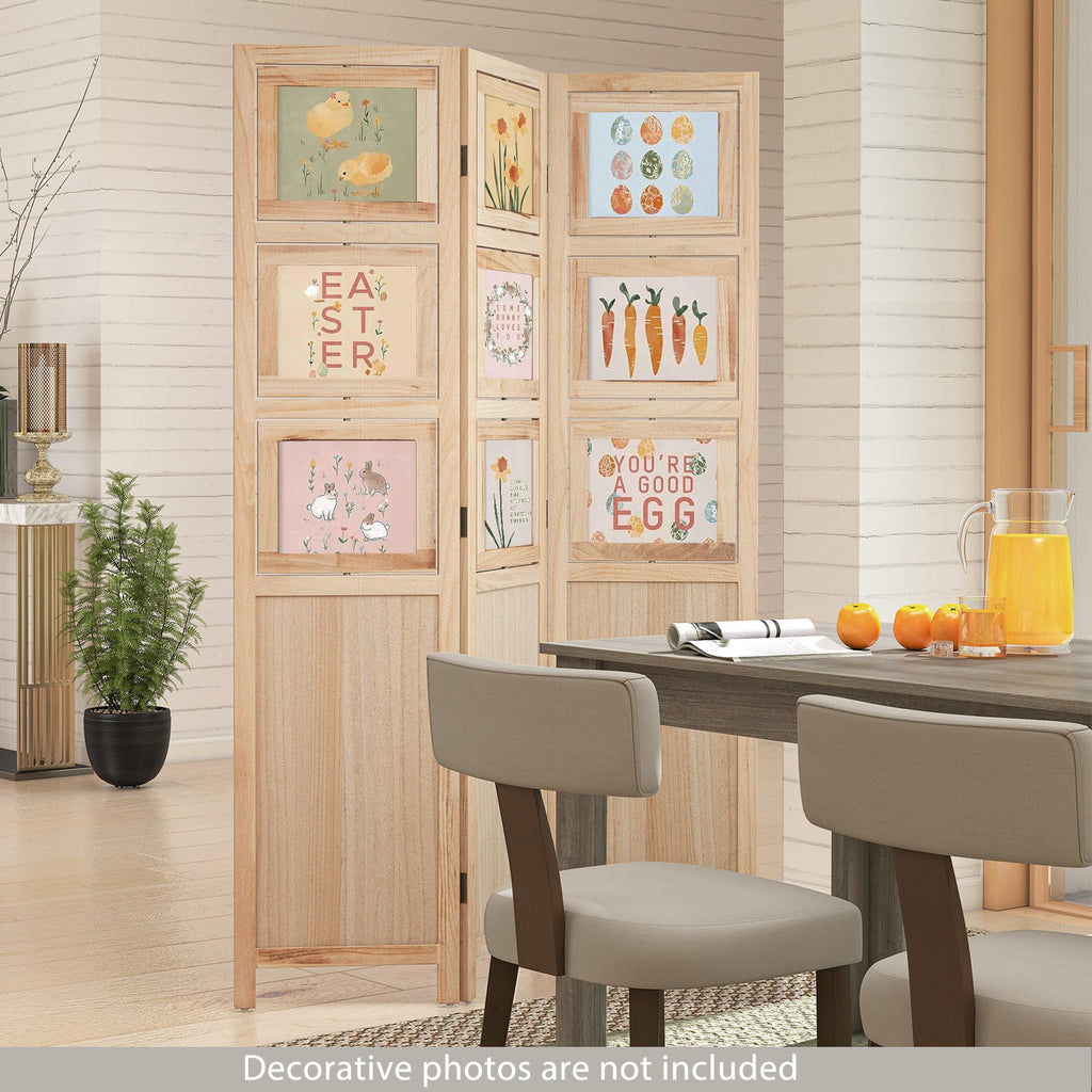 3 Panel Folding Privacy Screen with 9 Swivel Paulownia Wood Photo Frames-Natural