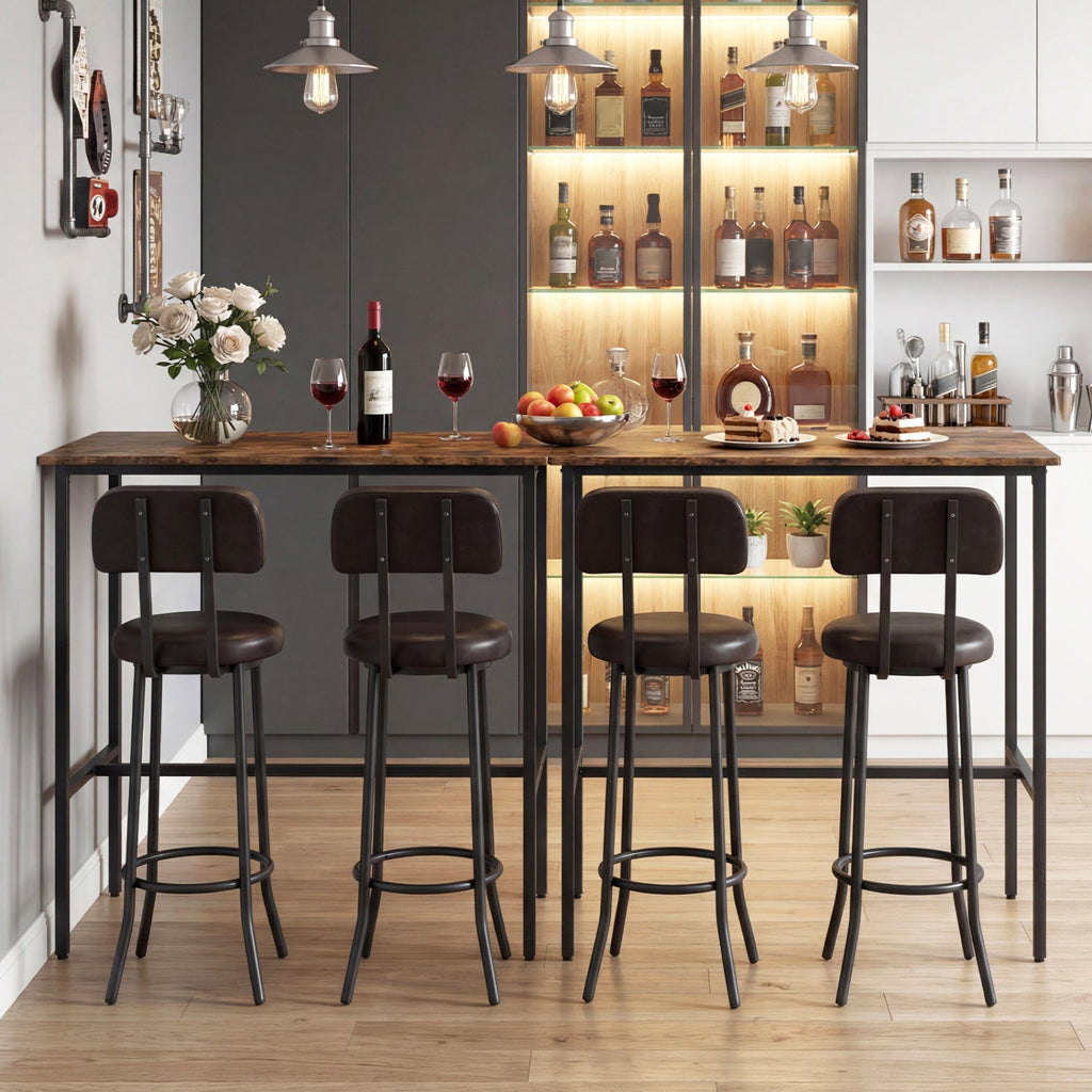 3-Piece Industrial Bar Table Set with 2 Upholstered Stools and Footrests for Dining Room