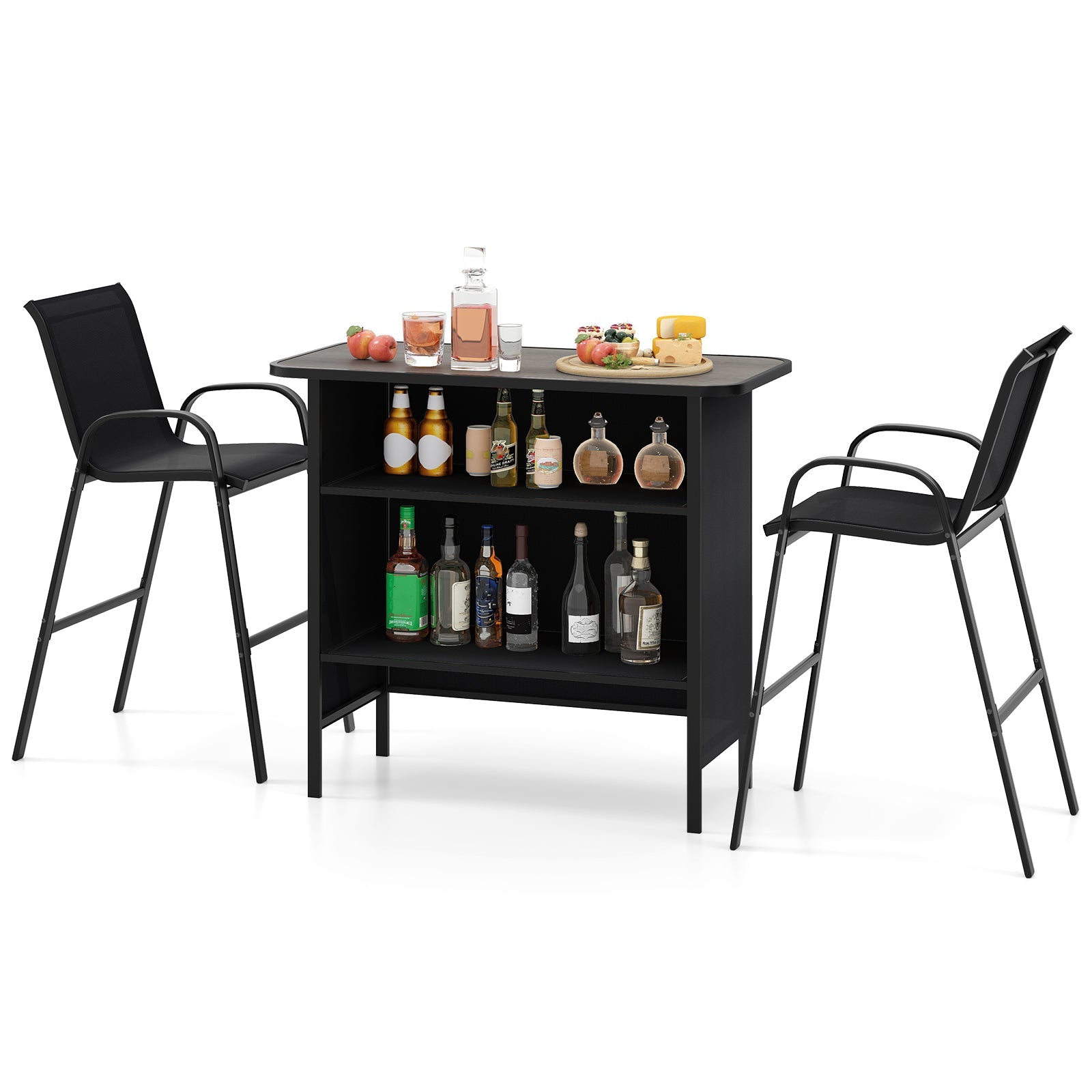 3 Piece Outdoor Bar Set with Footrest and 2-Tier Shelf