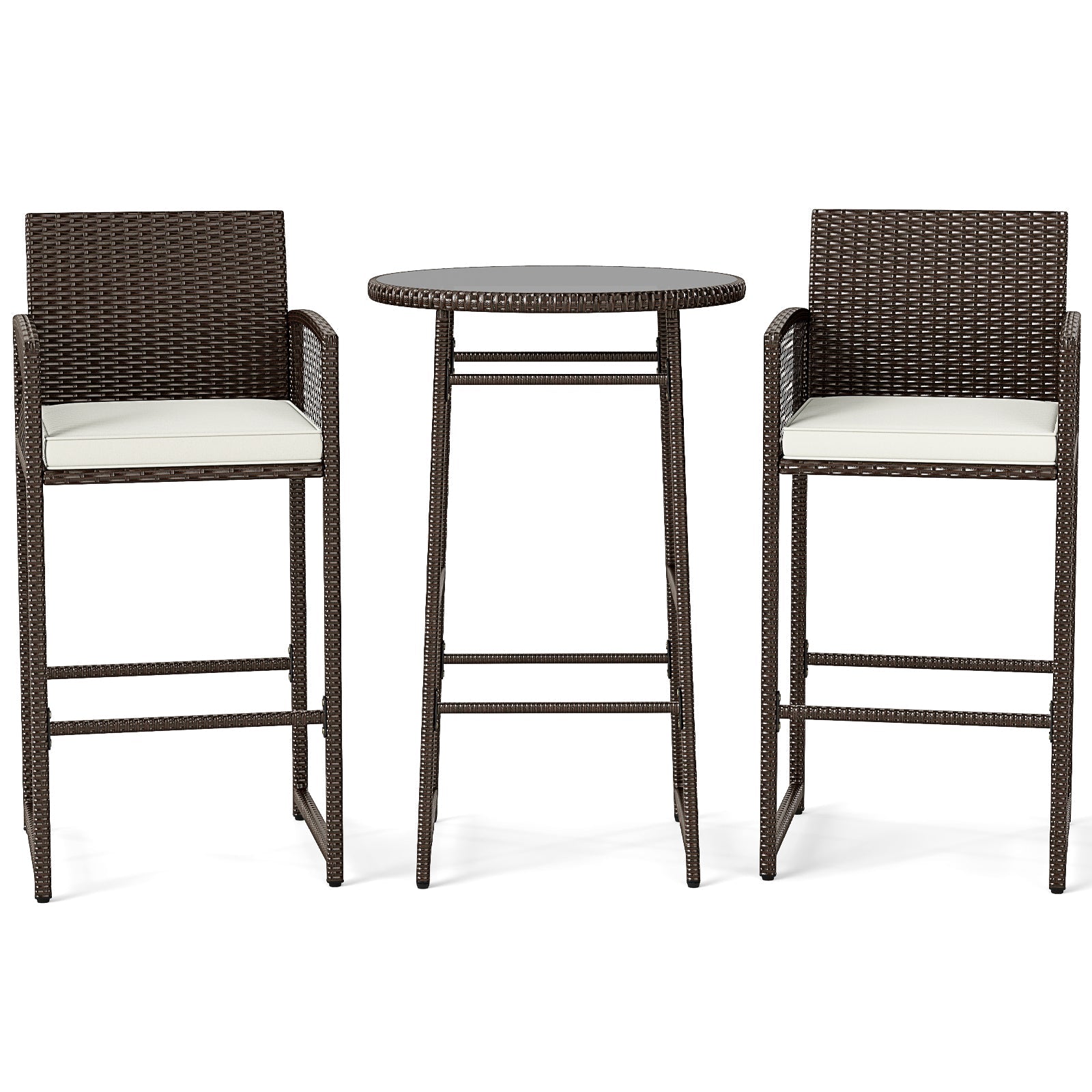 3 Piece Patio Bar Set Outdoor Wicker Bar Height Table and Armchairs-White
