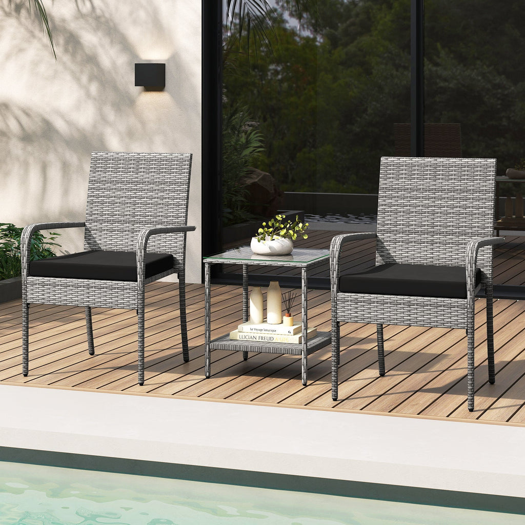 3 Piece Patio Furniture Set with Seat Cushions and Tempered Glass Tabletop for Balcony
