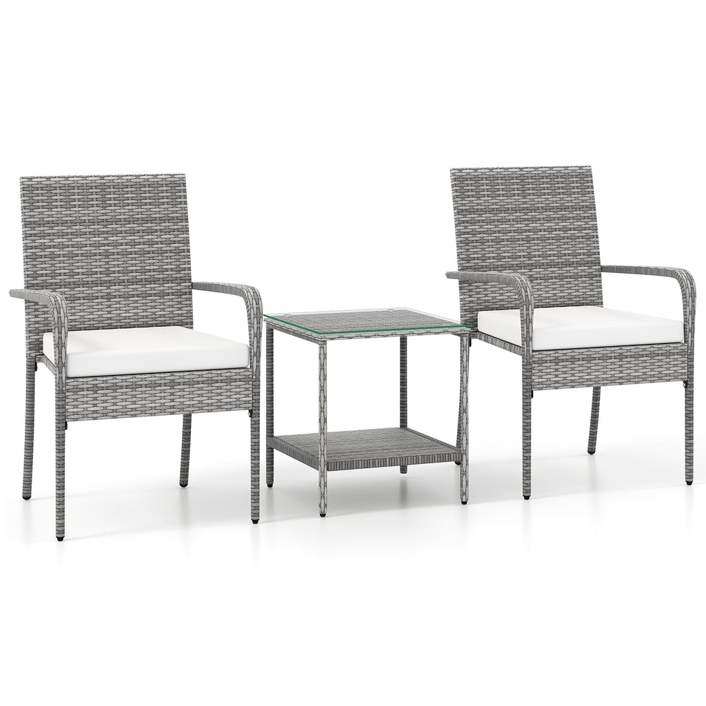 3 Piece Patio Furniture Set with Seat Cushions and Tempered Glass Tabletop for Balcony