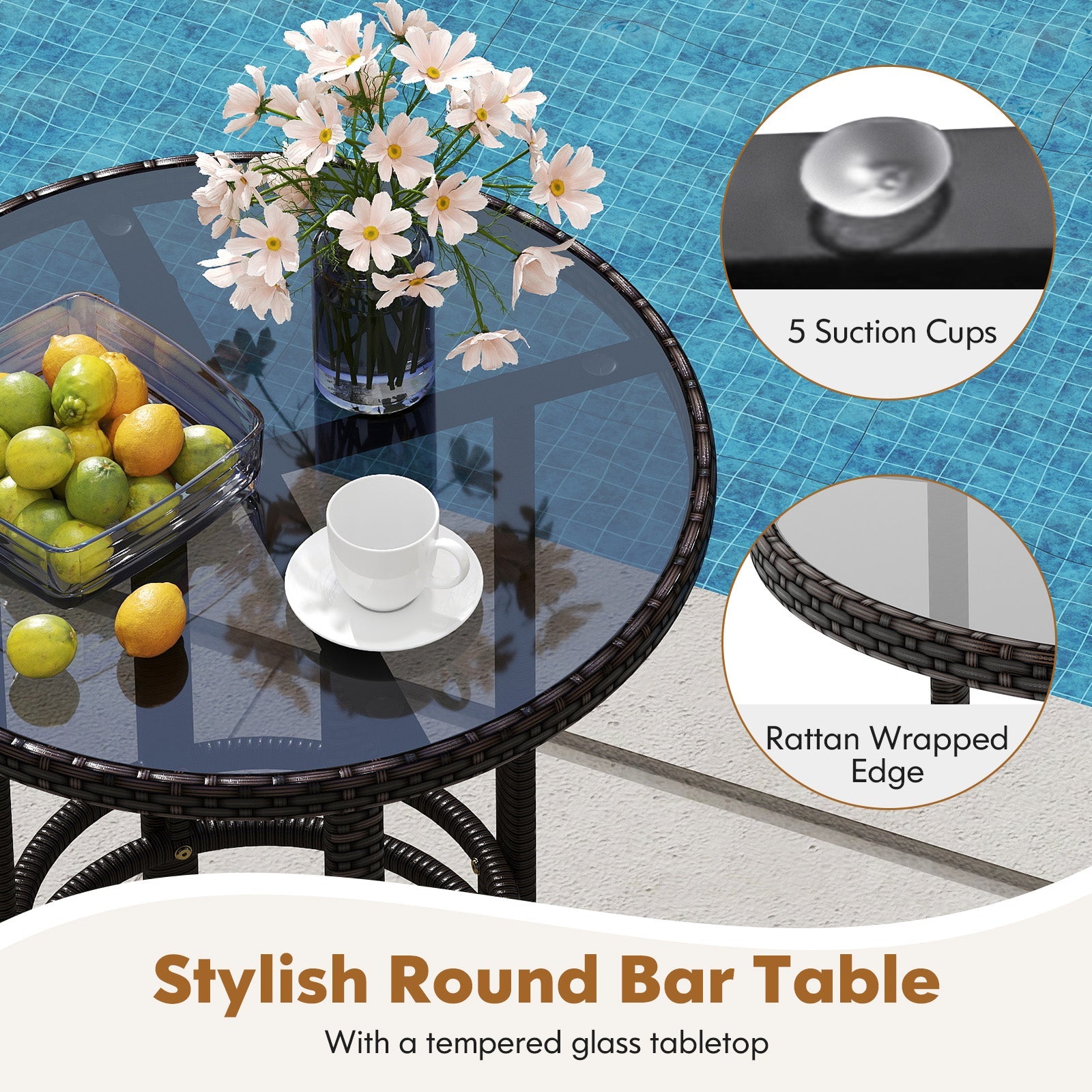 3-Piece Patio Rattan Bar Set with Tempered Glass Top for Backyard Poolside