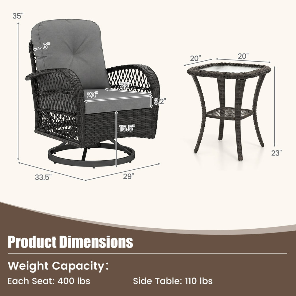 3-Piece Patio Swivel Rocker Set with Glass Side Table