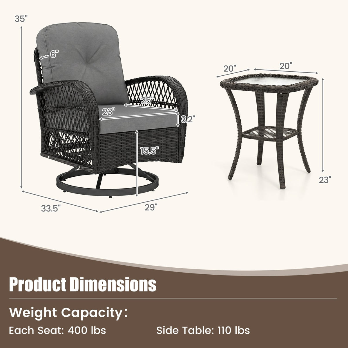 3-Piece Patio Swivel Rocker Set with Glass Side Table