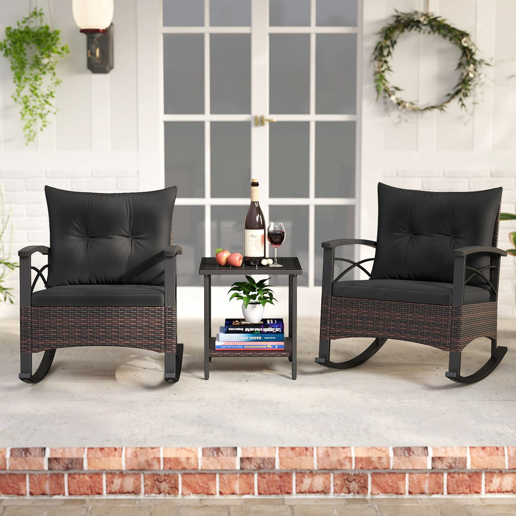 3 Piece Rocking Bistro Set PE Rattan Rocker Chairs with Acacia Wood Top Table