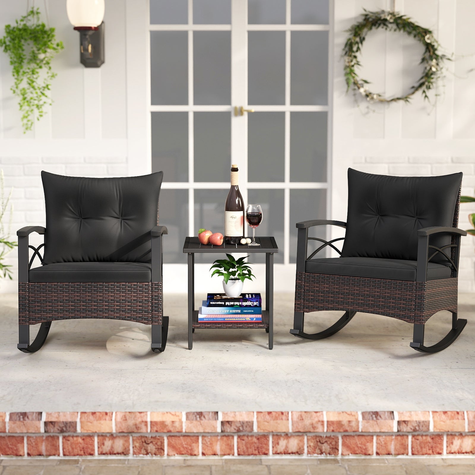 3 Piece Rocking Bistro Set PE Rattan Rocker Chairs with Acacia Wood Top Table