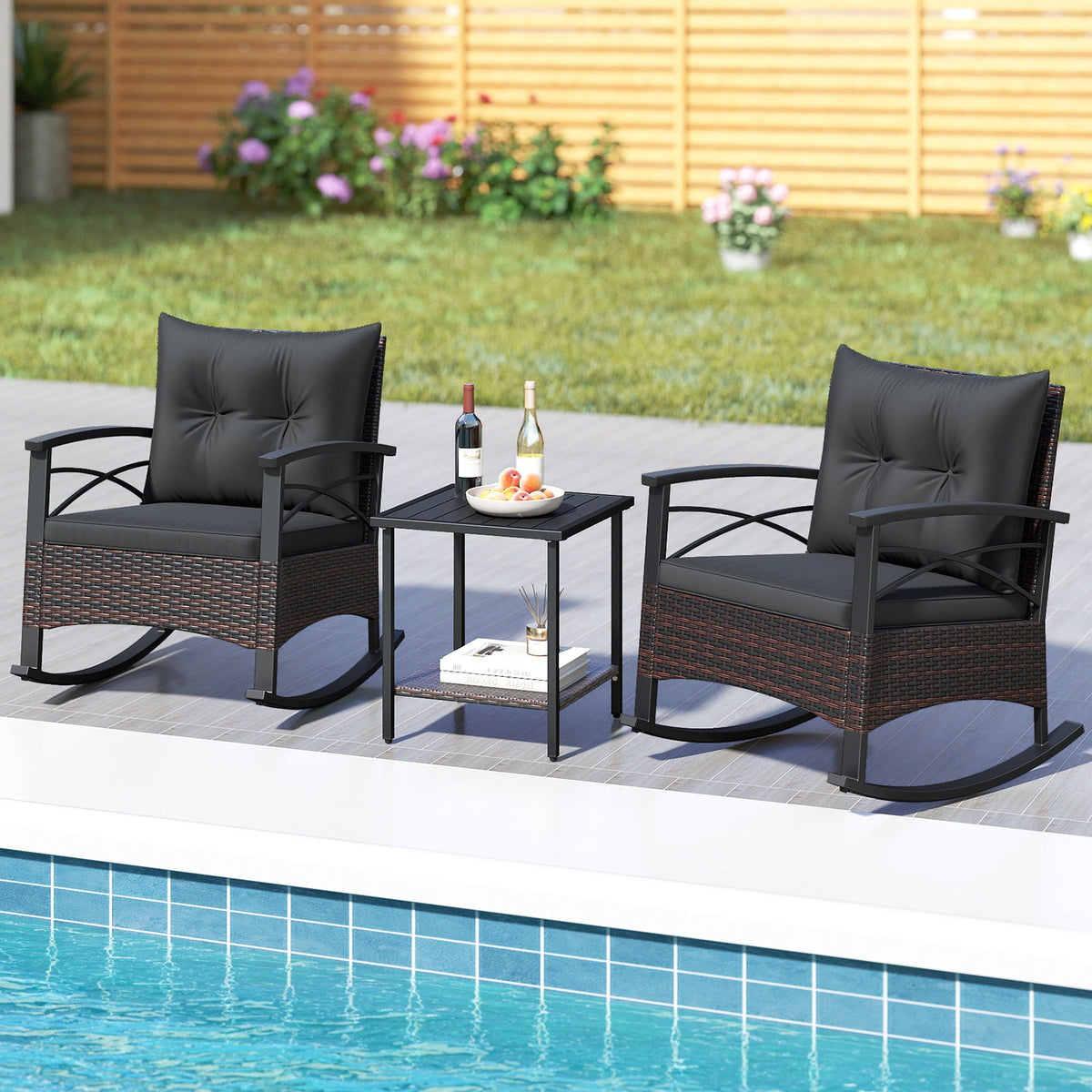3 Piece Rocking Bistro Set PE Rattan Rocker Chairs with Acacia Wood Top Table