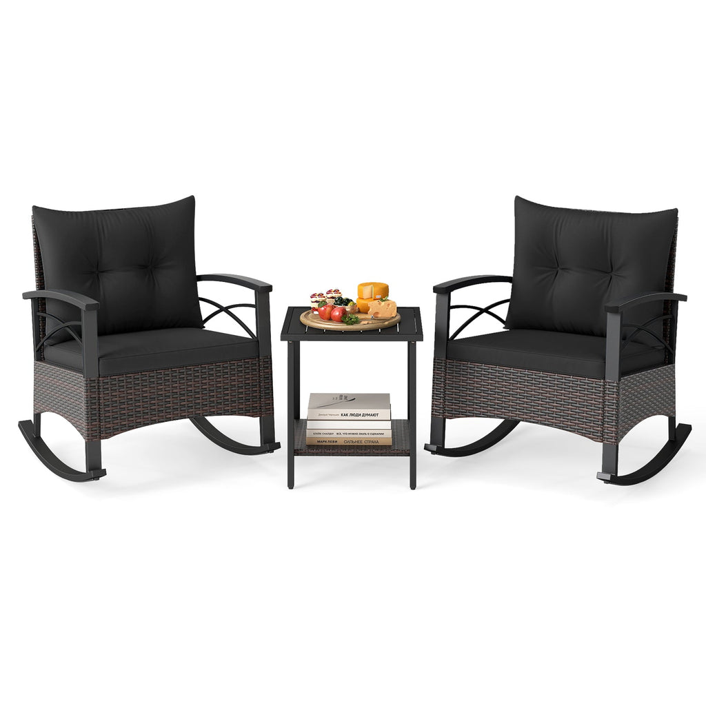 3 Piece Rocking Bistro Set PE Rattan Rocker Chairs with Acacia Wood Top Table