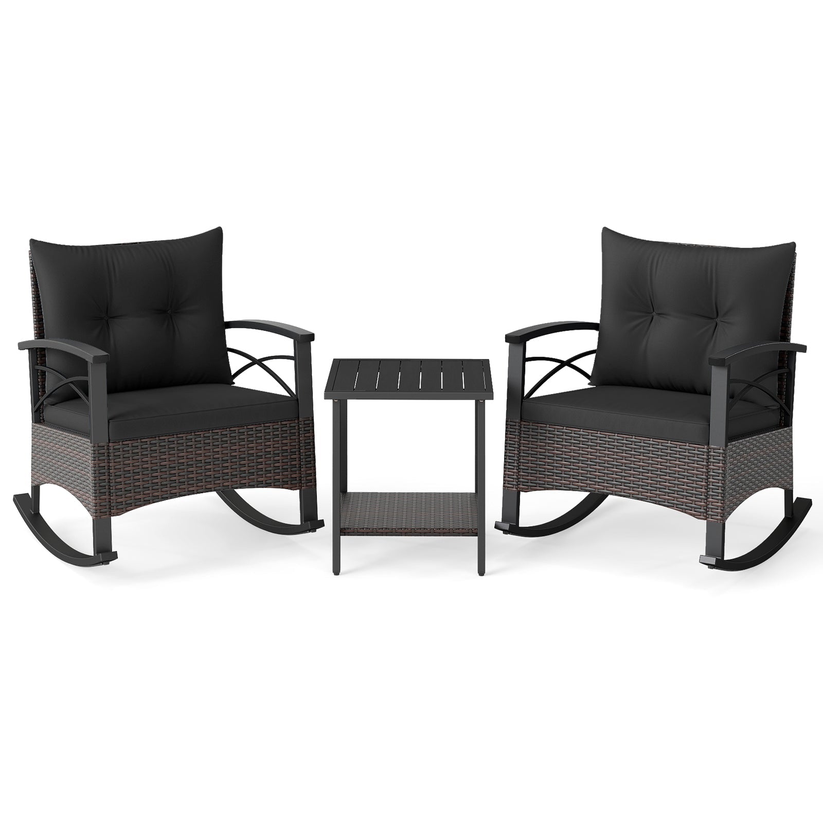 3 Piece Rocking Bistro Set PE Rattan Rocker Chairs with Acacia Wood Top Table